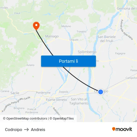 Codroipo to Andreis map
