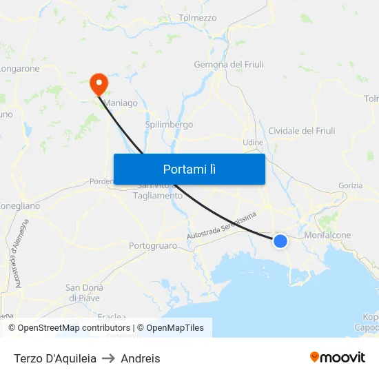 Terzo D'Aquileia to Andreis map