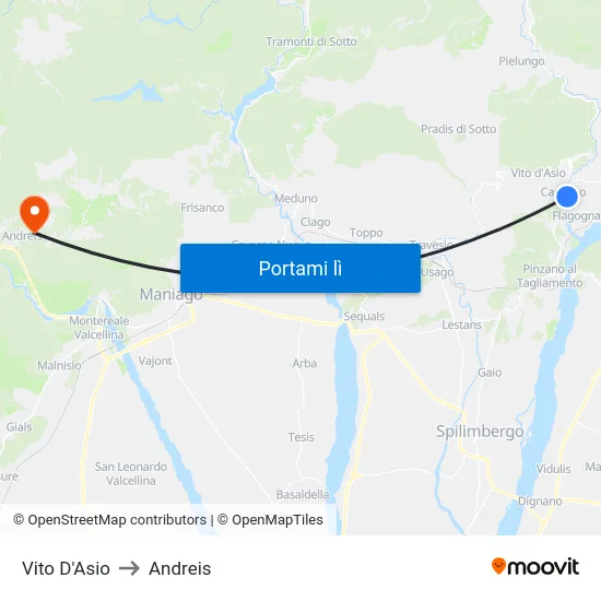Vito D'Asio to Andreis map