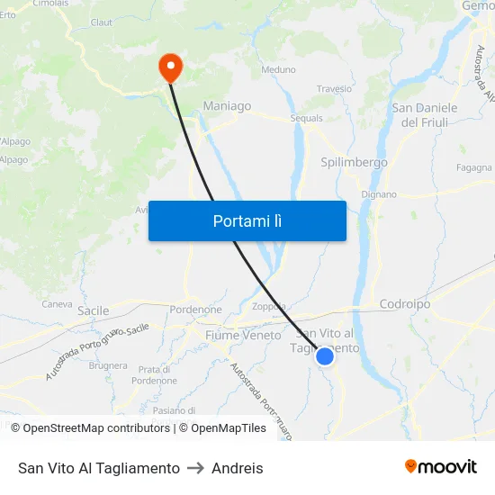 San Vito Al Tagliamento to Andreis map