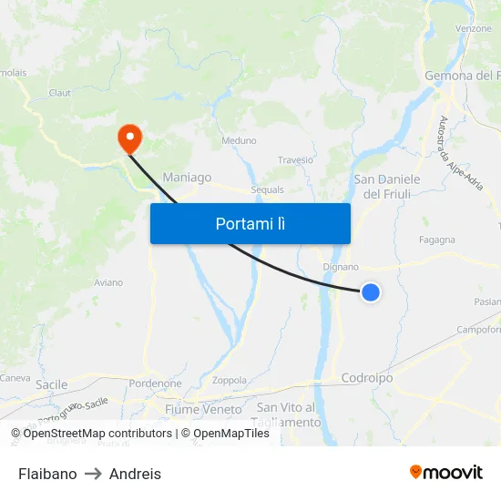Flaibano to Andreis map