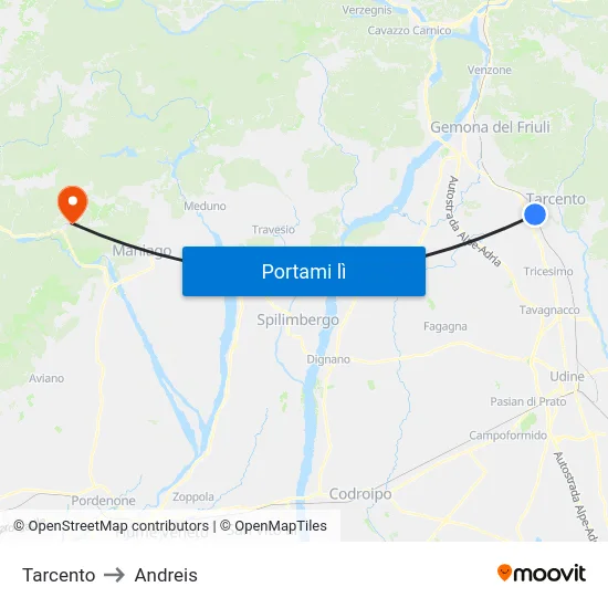 Tarcento to Andreis map