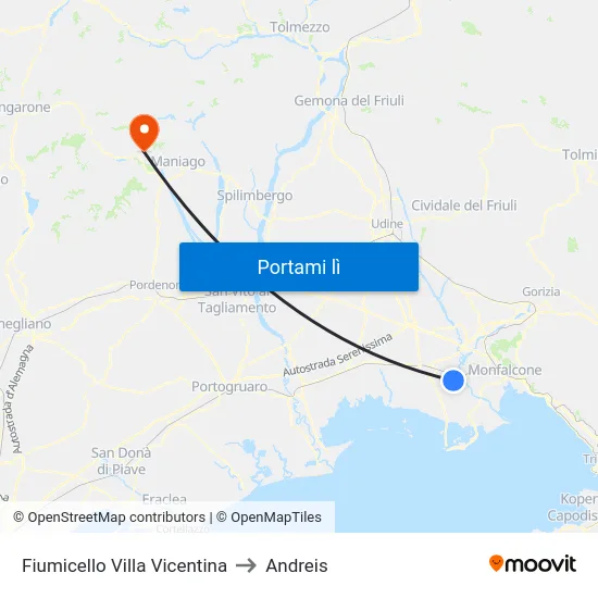 Fiumicello Villa Vicentina to Andreis map