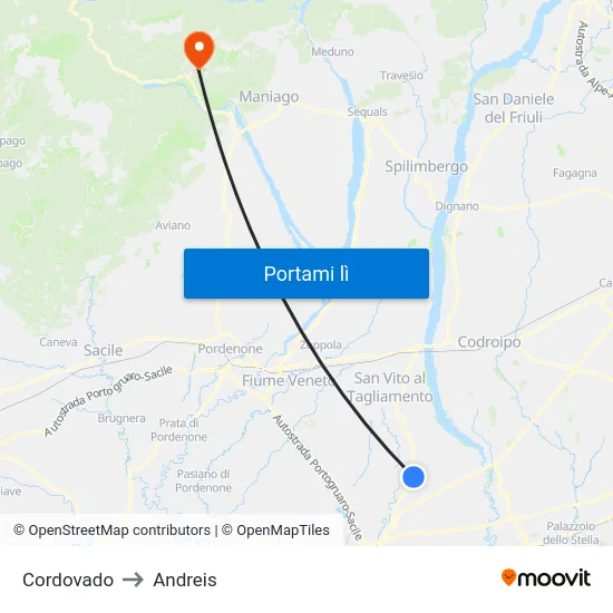 Cordovado to Andreis map