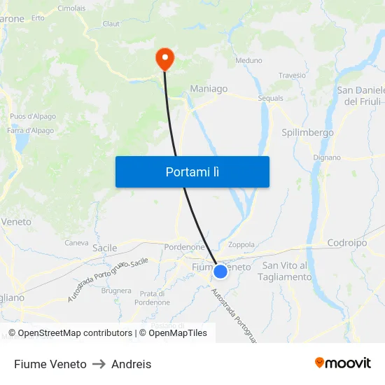 Fiume Veneto to Andreis map