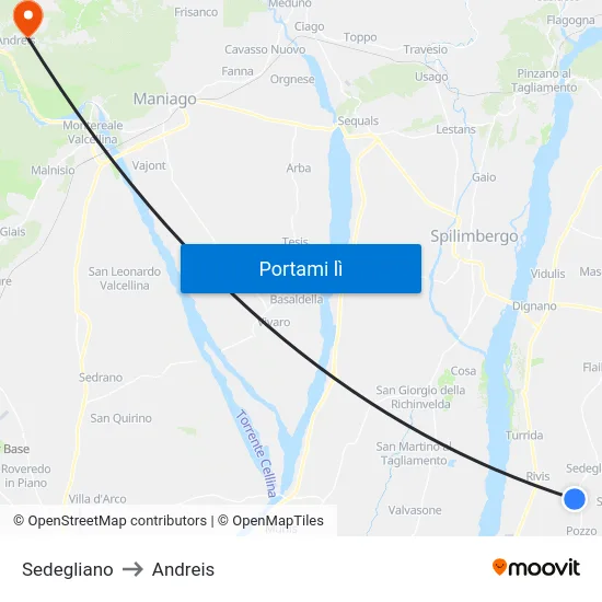 Sedegliano to Andreis map