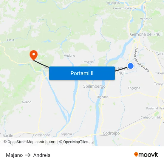 Majano to Andreis map