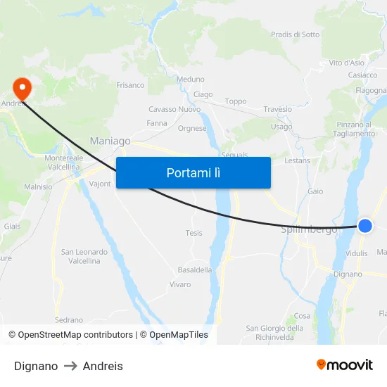 Dignano to Andreis map