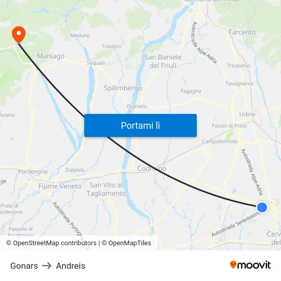 Gonars to Andreis map