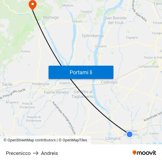 Precenicco to Andreis map