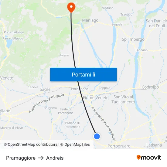 Pramaggiore to Andreis map