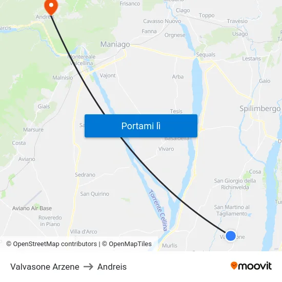 Valvasone Arzene to Andreis map