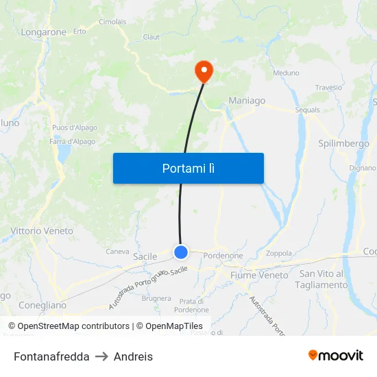 Fontanafredda to Andreis map