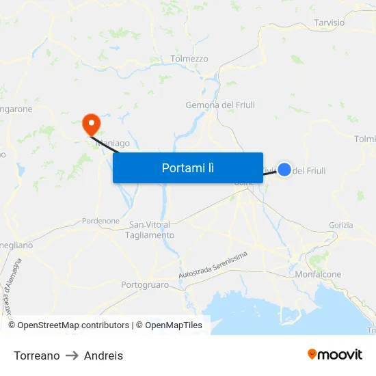 Torreano to Andreis map