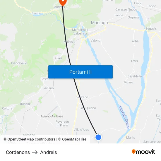 Cordenons to Andreis map