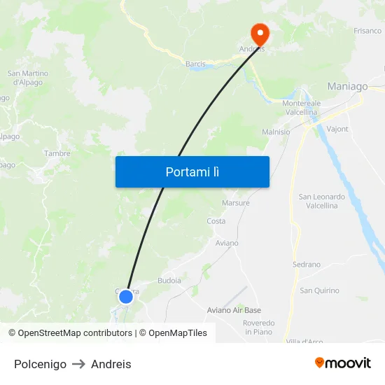 Polcenigo to Andreis map