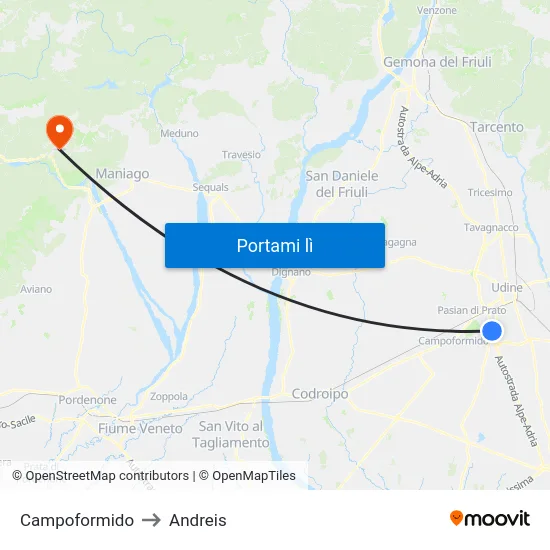 Campoformido to Andreis map