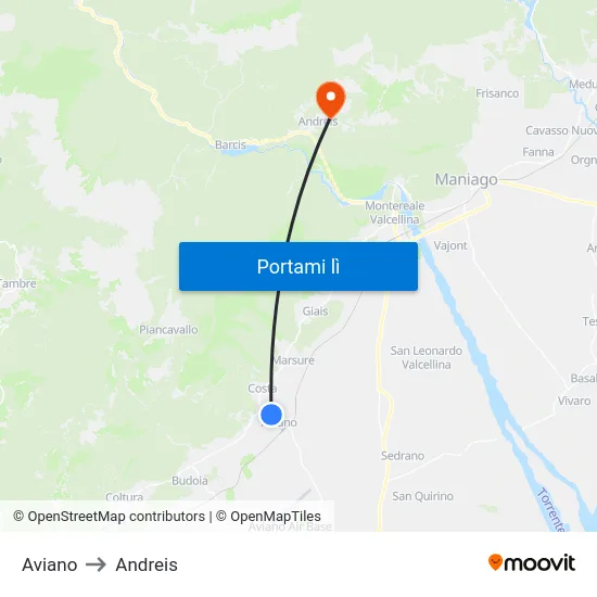 Aviano to Andreis map