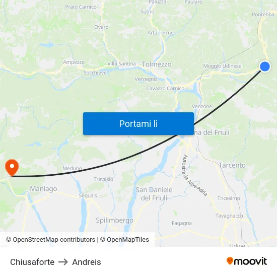 Chiusaforte to Andreis map