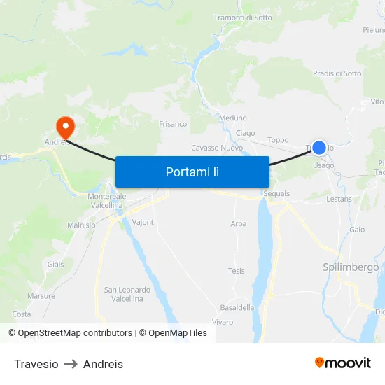 Travesio to Andreis map