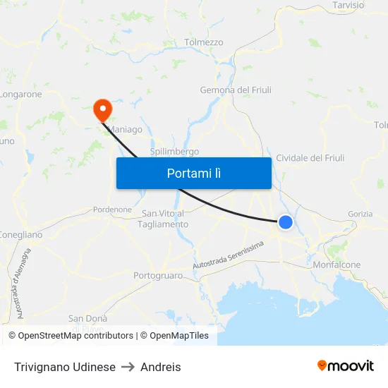 Trivignano Udinese to Andreis map
