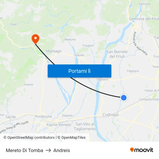 Mereto Di Tomba to Andreis map