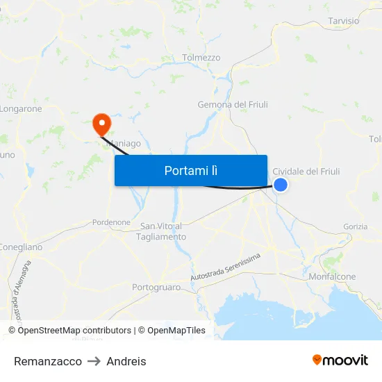 Remanzacco to Andreis map