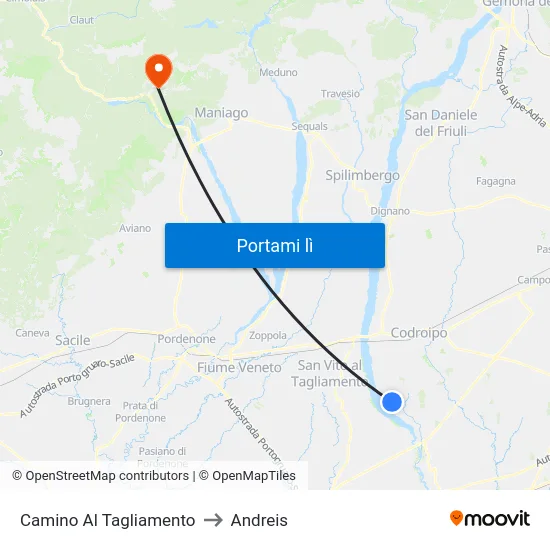 Camino Al Tagliamento to Andreis map