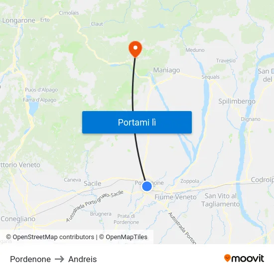 Pordenone to Andreis map
