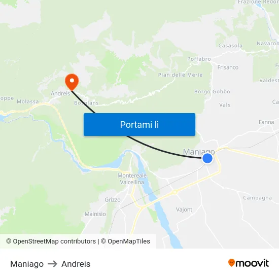 Maniago to Andreis map