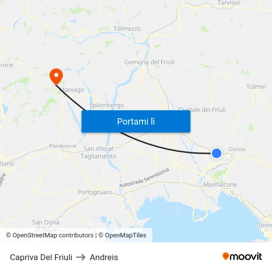 Capriva Del Friuli to Andreis map