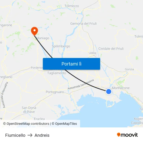 Fiumicello to Andreis map
