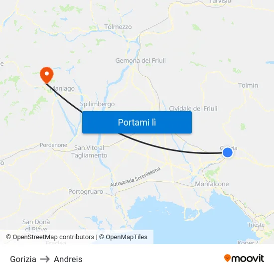 Gorizia to Andreis map