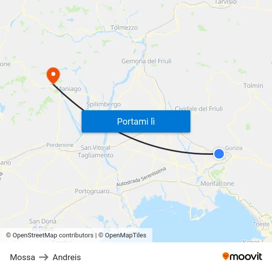 Mossa to Andreis map