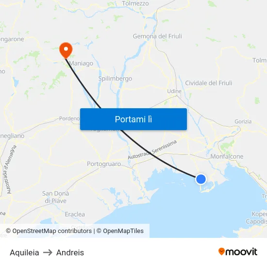 Aquileia to Andreis map