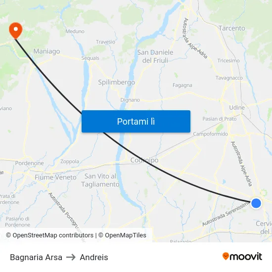 Bagnaria Arsa to Andreis map