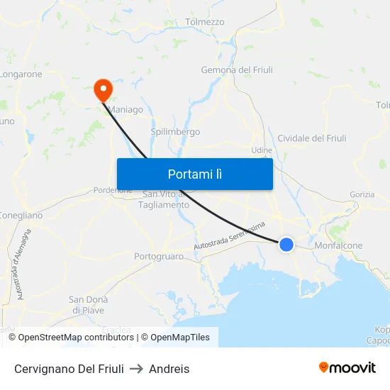 Cervignano Del Friuli to Andreis map