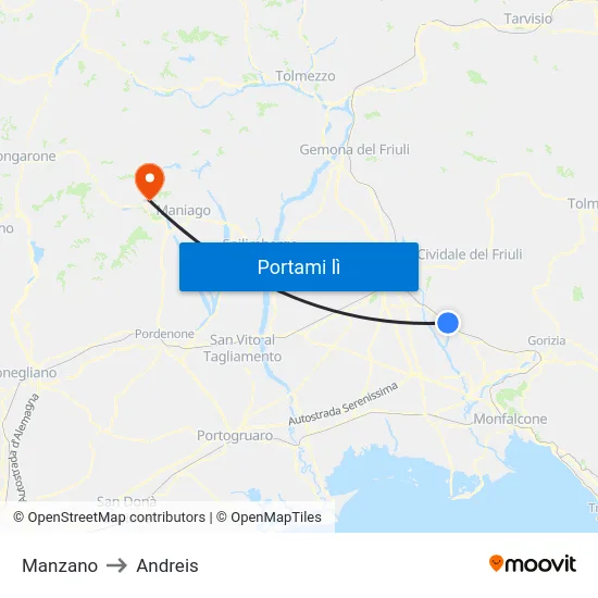 Manzano to Andreis map