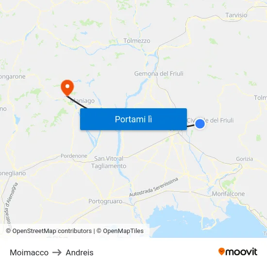 Moimacco to Andreis map