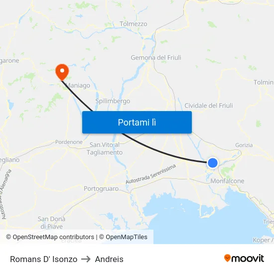 Romans D' Isonzo to Andreis map