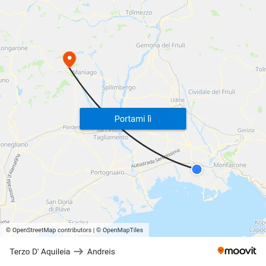 Terzo D' Aquileia to Andreis map