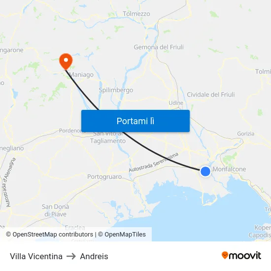 Villa Vicentina to Andreis map