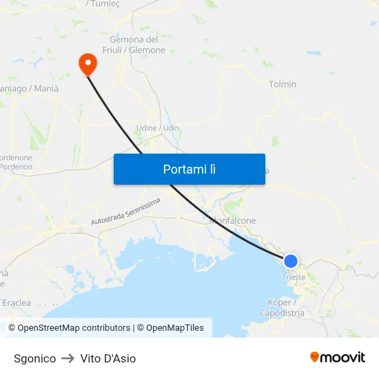 Sgonico to Vito D'Asio map