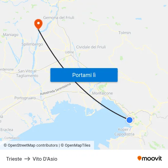 Trieste to Vito D'Asio map