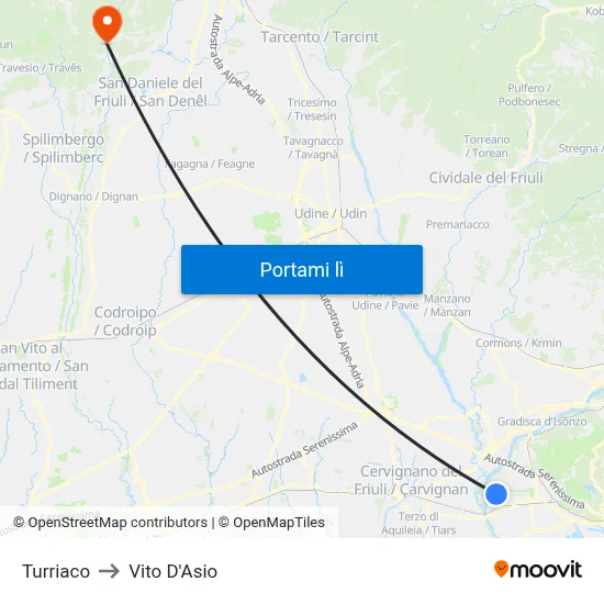 Turriaco to Vito D'Asio map