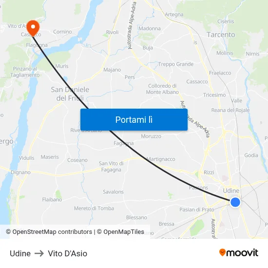 Udine to Vito D'Asio map