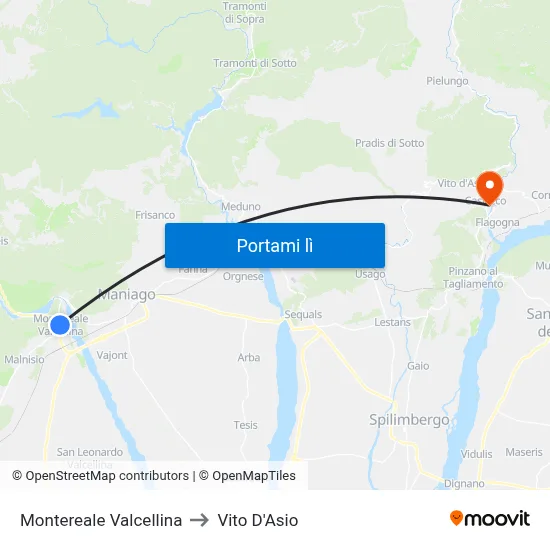 Montereale Valcellina to Vito D'Asio map
