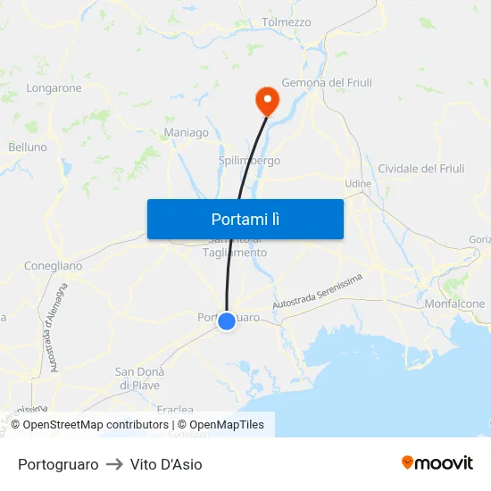 Portogruaro to Vito D'Asio map