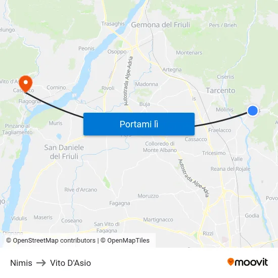 Nimis to Vito D'Asio map