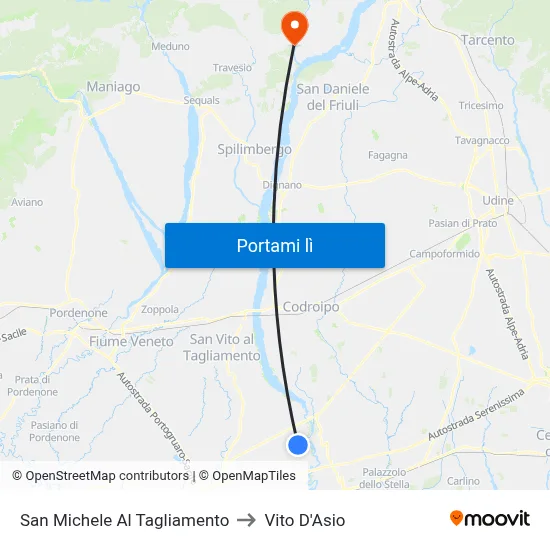 San Michele Al Tagliamento to Vito D'Asio map